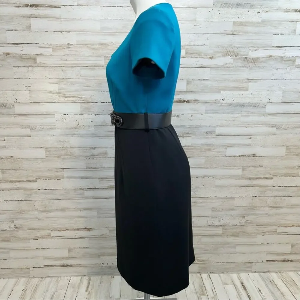 Tahari Arthur S Levine Short Sleeve Belted Dress Size 4 Teal Black Two Tone - Picture 5 of 14